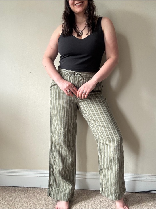 L.L. Bean Pants - LL Bean Wide-Leg Striped Linen Pants in Olive